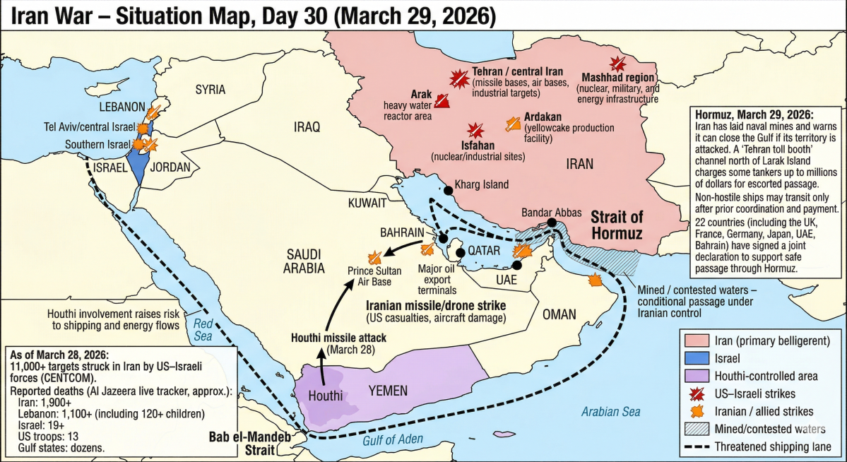 이란 전쟁이 29일(현지시간)로 한 달을 맞은 가운데, 미국은 에너지 시설 타격 시한을 10일 추가 연장했으나, 군사·핵·산업 표적 공습은 멈추지 않았다. 후티 참전으로 초크포인트 전쟁이 호르무즈를 넘어 바브엘만데브까지 확대됐고, 이란은 호르무즈를 유료 통행로로 전환하며 해협의 경제적 통제권을 장기 고착화하려는 움직임을 보이고 있다. 사진은 인공지능(AI) 도구를 활용해 제작한 전황 지도. 2026.3.29 서울신문