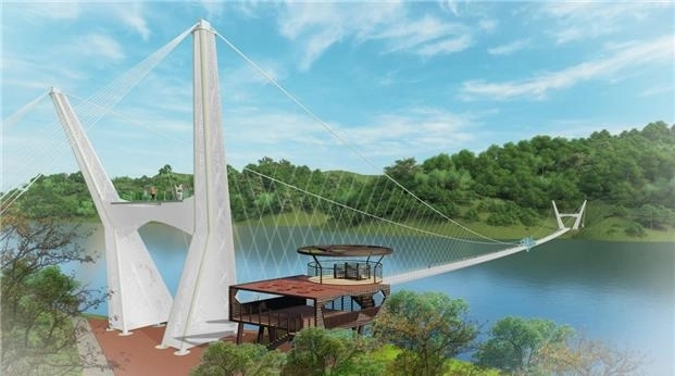 전남 장성호에 개통 예정인 길이 424m, 폭 2m의 ‘제3출렁다리’ 조감도.  장성군 제공