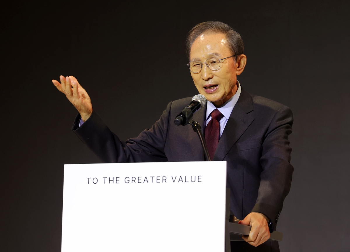 이명박 전 대통령이 18일 서울 용산구 서울드래곤시티에서 열린 HDC그룹 창립 50주년 기념식에서 축사하고 있다. 2026.03.18. 뉴시스