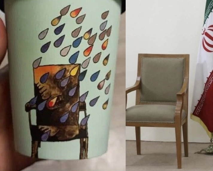 이란의 유명 프랜차이즈 커피 전문점 ‘라미즈 카페’가 테이크아웃 커피잔에 새긴 그림(왼쪽) 탓에 당국으로부터 매장 폐쇄 명령을 받았다. 의자 위에 색색깔의 물방울이 떨어지는 모습이 아야톨라 알리 하메네이 전 최고지도자의 사망을 조롱한 게 아니냐는 의심에서다. 오른쪽은 하메네이의 집무실 의자. 자료 : 엑스