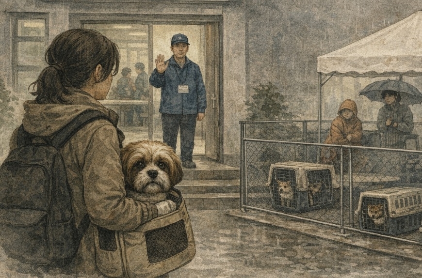 일본 정부가 4월 반려동물 ‘동행 대피’ 지침을 손본다. 현장에서 반복된 입소 거부 혼선을 줄이기 위해서다. 챗 GPT 생성 이미지