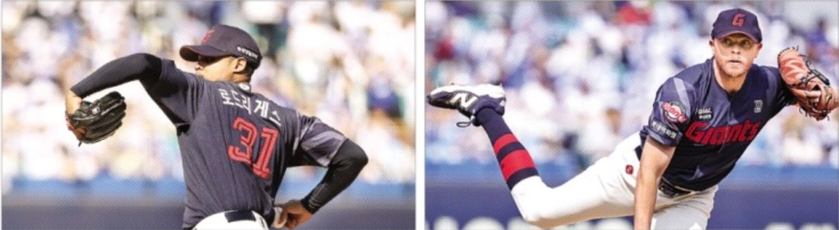 롯데 자이언츠 외국인 투수 엘빈 로드리게스가 지난 28일 대구 삼성 라이온즈 파크에서 열린 2026 프로야구 삼성 라이온즈와의 개막전에서 역투하고 있다(왼쪽 사진). 오른쪽은 로드리게스와 원투 펀치를 이루는 제레미 비슬리가 29일 삼성과의 개막 시리즈 2차전에 등판해 공을 던지는 모습. 롯데 자이언츠 제공
