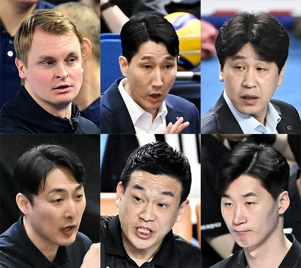 프로배구 감독들. 왼쪽부터 토미 틸리카이넨, 권영민, 김종민, 하현용, 권오현, 박철우. 한국배구연맹 제공