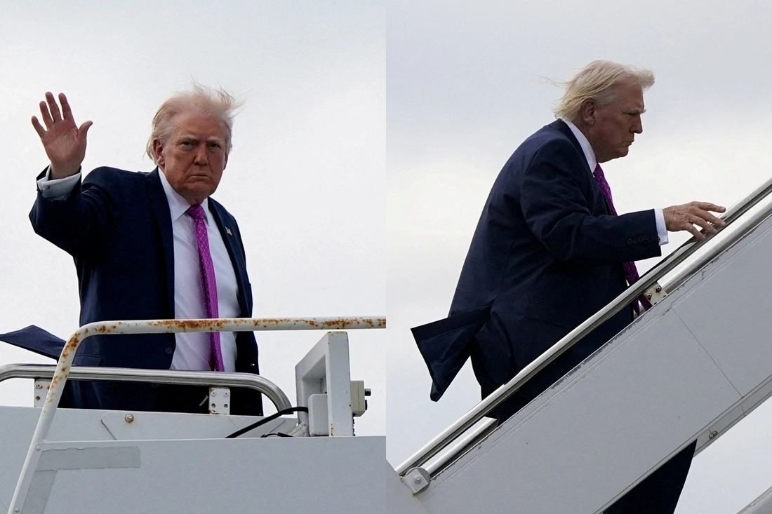 도널드 트럼프 미국 대통령이 29일(현지시간) 미국 플로리다주 웨스트 팜비치의 팜비치 국제공항에서 대통령 전용기 에어포스원에 탑승하고 있다. 2026.3.30. 로이터 연합뉴스