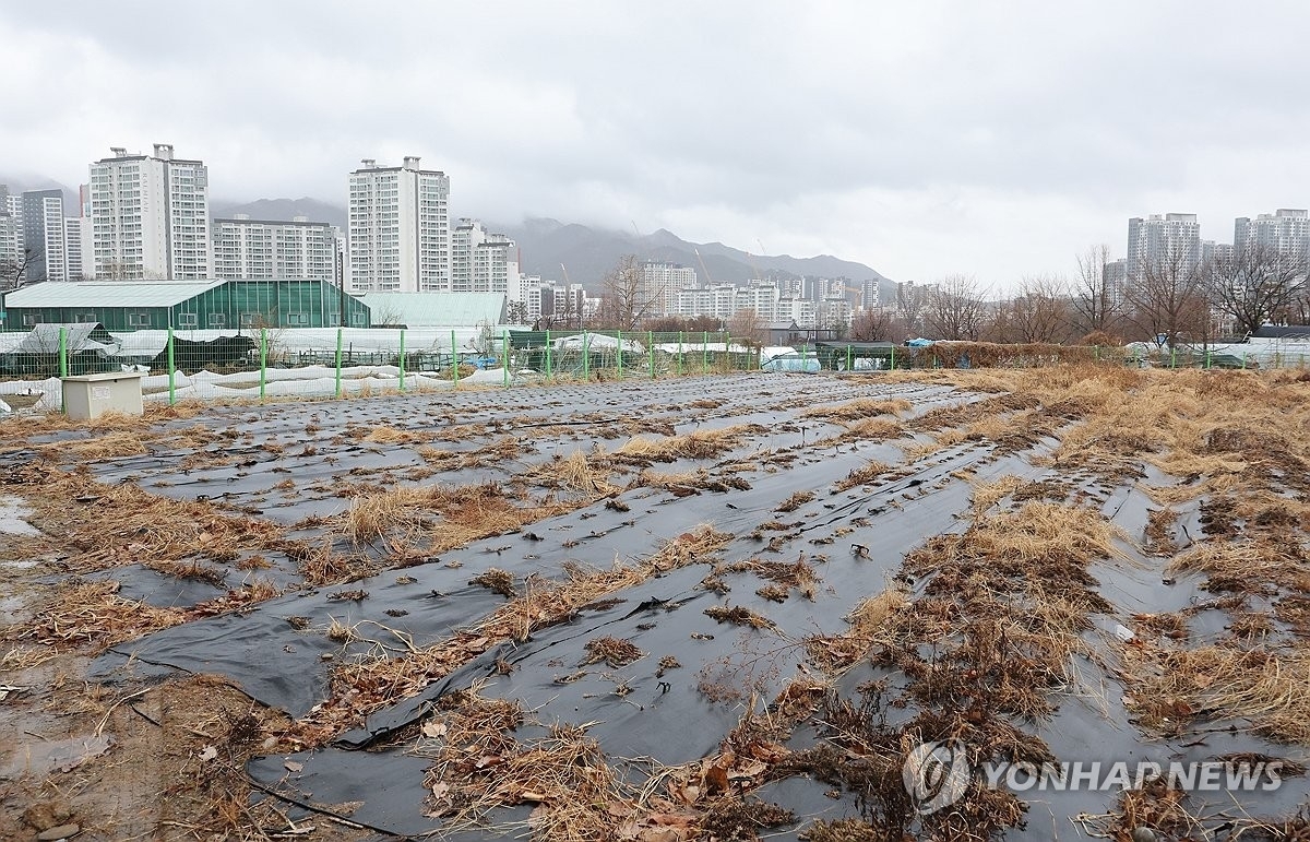 2일 수도권 내 한 농지 너머로 아파트 단지 등 재개발 구역이 들어서 있다. 연합뉴스 2026.3.2
