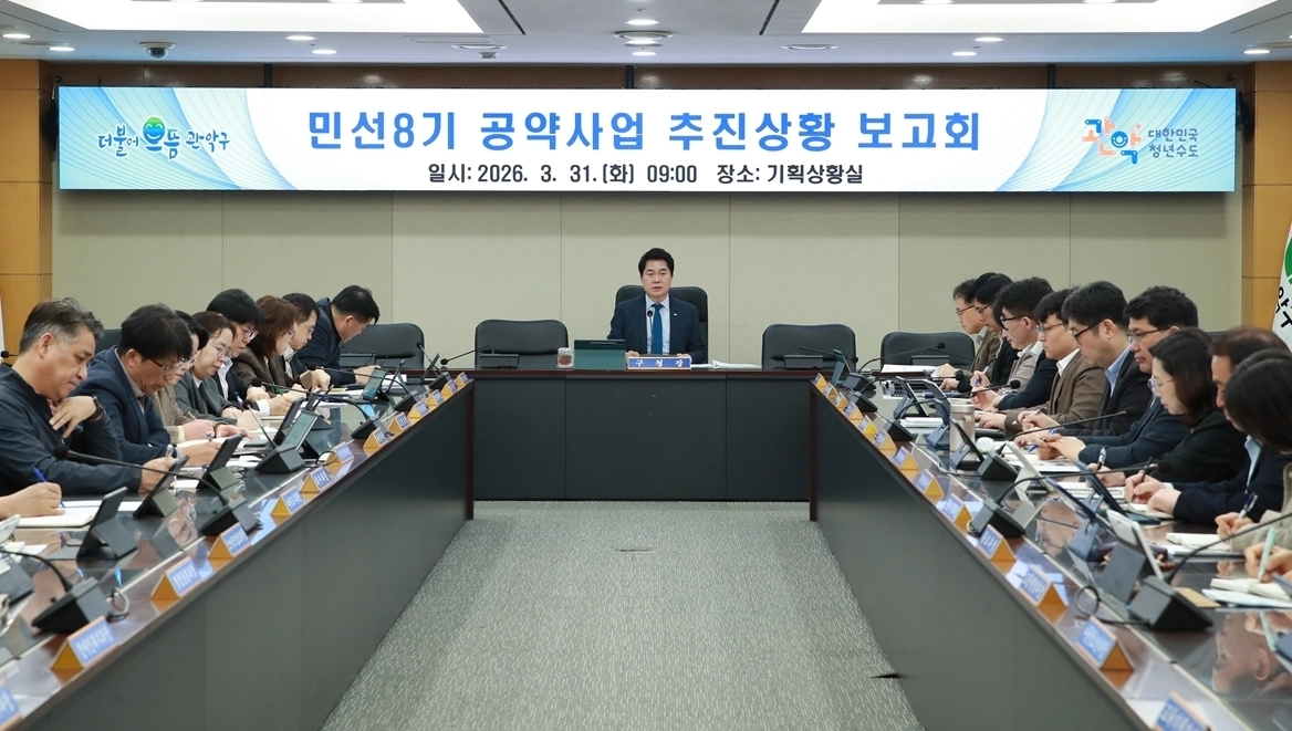 박준희(가운데) 관악구청장이 지난달 31일 구청 기획상황실에서 열린 공약사업 추진상황 보고회에서 발언하고 있다. 관악구 제공