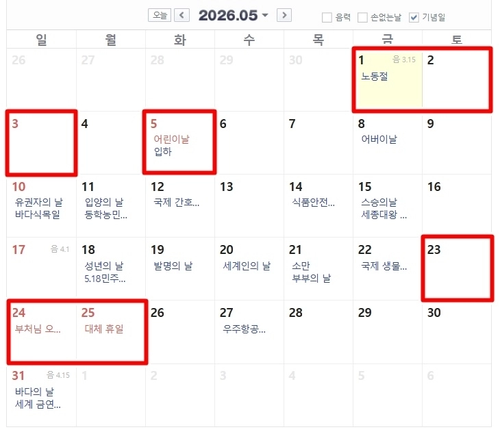 5월 공휴일 및 연휴 현황. 자료 : 네이버 달력
