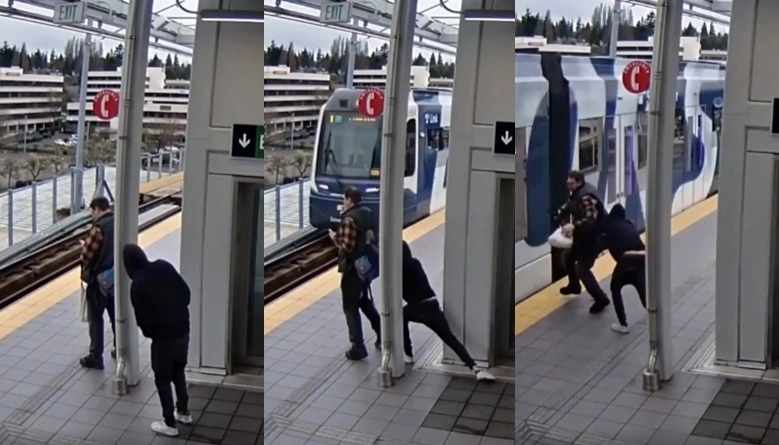 지난달 19일 미국 워싱턴주 시애틀 노스게이트 기차역에서 한 남성이 기차에 탑승하기 위해 대기하던 승객을 뒤에서 밀쳤다. 자료 : King County Sheriff‘s Office