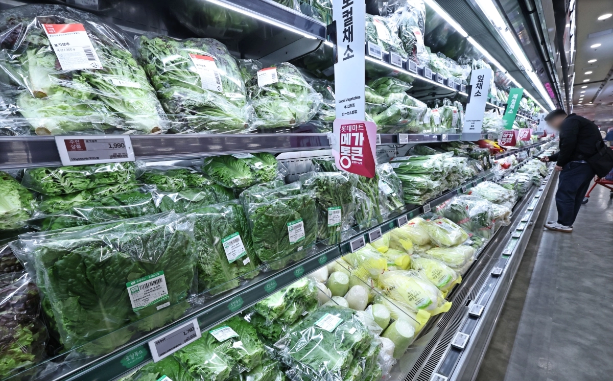 국가데이터처가 2일 발표한 ‘3월 소비자물가 동향’에 따르면 지난달 소비자 물가 상승률은 전년 동월 대비 2.2%로 집계됐다. 중동전쟁 영향으로 석유류 가격은 9.9% 급등했지만, 농산물 가격은 5.6% 하락했다. 사진은 서울 시내의 한 마트에 상추·무·배추 등 채소가 진열된 모습. 연합뉴스