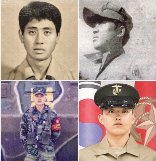 한국 최초의 ‘4대 해병 가문’이 된 1대 증조부 고 김재찬(윗줄 왼쪽부터)옹, 2대 할아버지 김은일옹, 3대 아버지 김철민(아랫줄 왼쪽부터)씨, 4대 김준영 이병. 해병대 제공