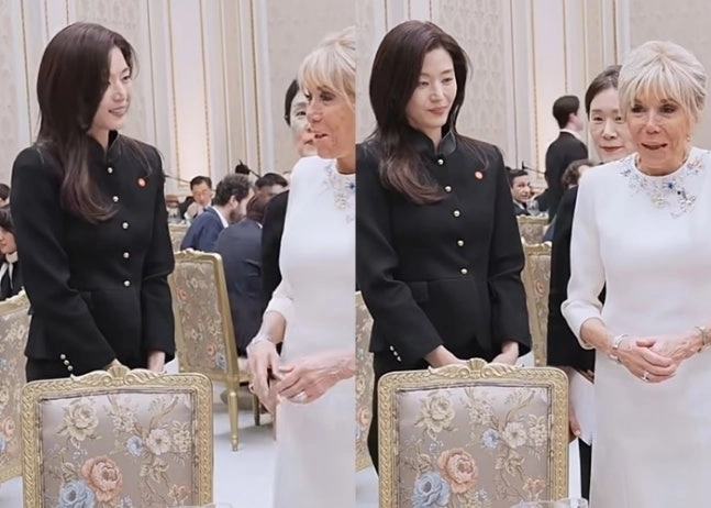 전지현이 프랑스 영부인과 나란히 포착돼 눈길을 끌었다. 유튜브 ‘이재명tv’ 캡처