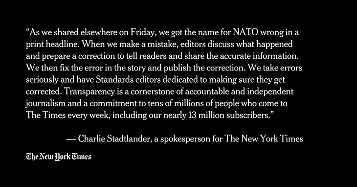 뉴욕타임스의 나토 오기 제목에 대한 사과문. 엑스 캡처