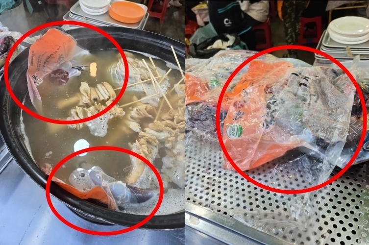 부산 연제구에서 개최된 ‘제7회 연제고분판타지 축제’에서 상인이 어묵을 끓이는 솥에 비닐 포장 상태의 순대를 넣어 중탕하는 장면이 포착돼 논란이 일었다. 스레드 캡처