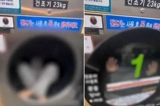 초등학생으로 추정되는 남자 아이가 무인 빨래방 내 건조기에 들어가 장난을 치는 영상이 공개돼 논란이다. 인스타그램 캡처