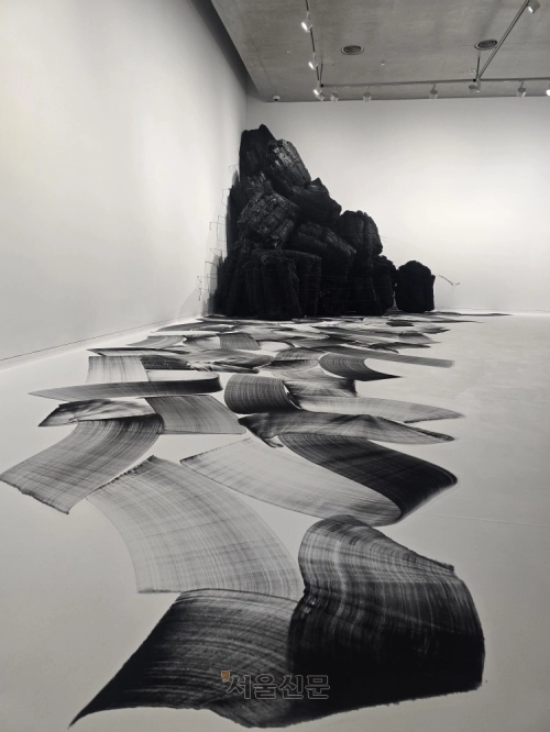 ‘숯의 작가’ 이배가 강원 원주시 뮤지엄 산에서 개인전을 여는 가운데 참나무, 버드나무 등 여러 종류의 나무로 만든 숯으로 바닥 그림을 그리고 숯 더미를 함께 설치해 만든 작품이 놓여 있다.