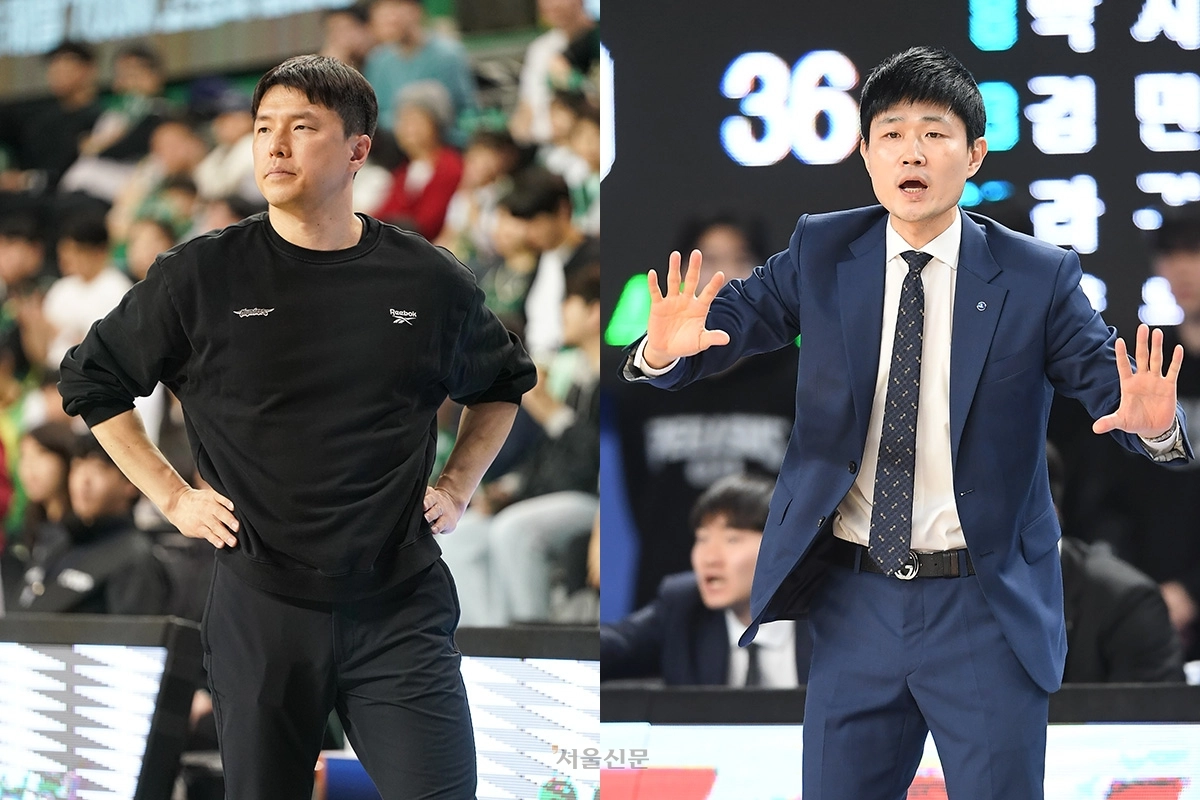 김효범(왼쪽) 서울 삼성 감독과 강혁 대구 한국가스공사 감독. KBL 제공