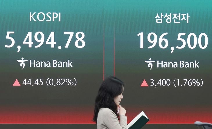 삼성전자의 역대 최대 실적이 발표된 7일 코스피는 전장보다 0.82% 오른 5494.78로, 삼성전자는 1.76% 오른 19만 6500원으로 마감했다. 연합뉴스