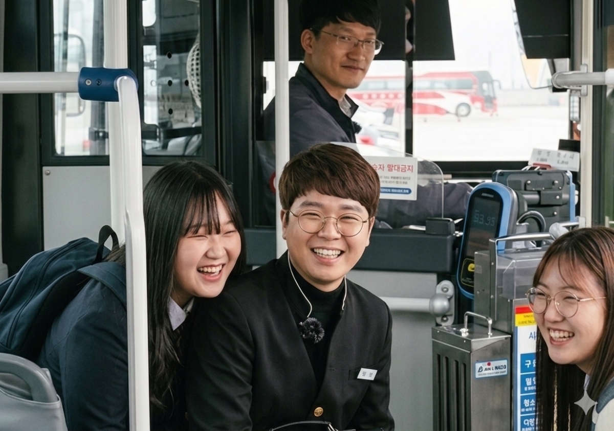 경북 경주시가 지난 1일부터 시행한 어린이·청소년 시내버스 요금 전면 무료 정책 홍보영상 촬영 현장 모습. 경주시 제공