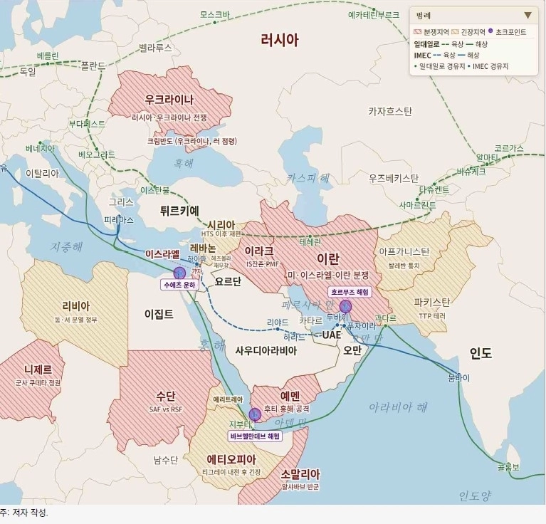 기존 해상물류경로와 중국 일대일로의 대안인 다국가 연합형 공급망 형태인 ‘인도-중동-유럽 경제회랑(IMEC)’. 산업연구원 제공