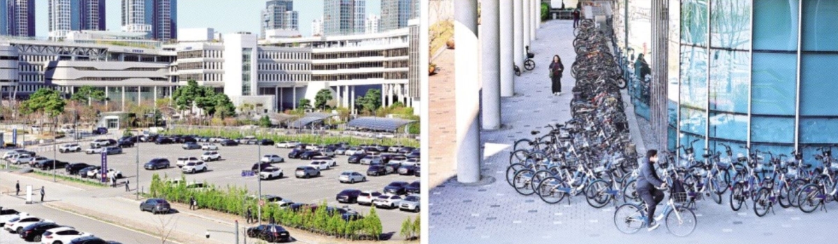 공공기관 차량 2부제(홀짝제) 및 공영주차장 5부제가 실시된 8일 평소 꽉 차던 정부세종청사 옥외 주차장이 한산해졌다(왼쪽 사진). 오른쪽 사진은 차량 대신 세종시 공공자전거 ‘어울링’을 타고 출근한 공무원이 늘면서 청사 주변에 세워둔 자전거가 평소보다 2배가량 많아진 모습. 세종 뉴스1·연합뉴스
