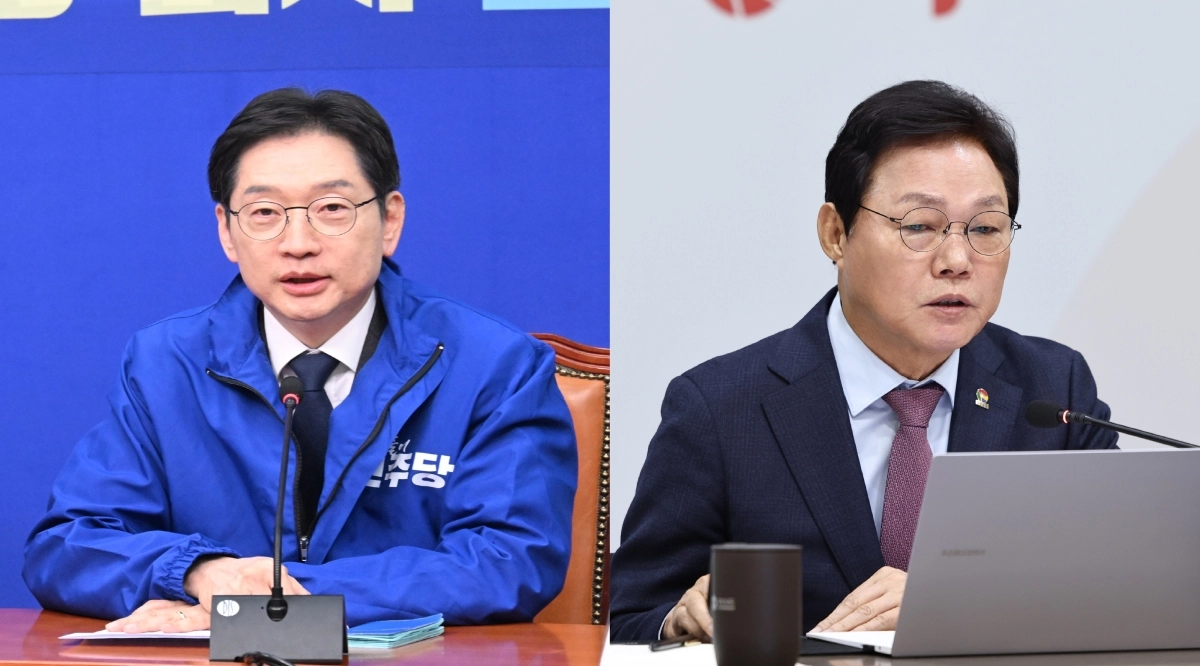 더불어민주당 김경수(왼쪽) 후보와 박완수 경남도지사. 2026.4.9. 서울신문DB