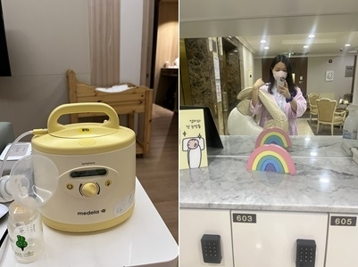 산후조리원에 배치된 유축기(왼쪽)와 ‘수유 콜’을 받고 수유실로 향하는 산모의 모습. 서울신문 DB