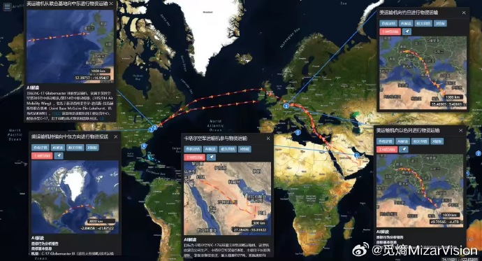 중국 인공지능·위성 영상 분석 스타트업 ‘미자르비전’이 분석한 미국 C-17 수송기의 중동 보급 경로. 웨이보 캡처