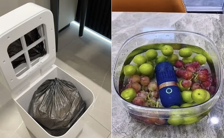 자동 밀봉 쓰레기통과 과일·채소 살균기. 틱톡 캡처