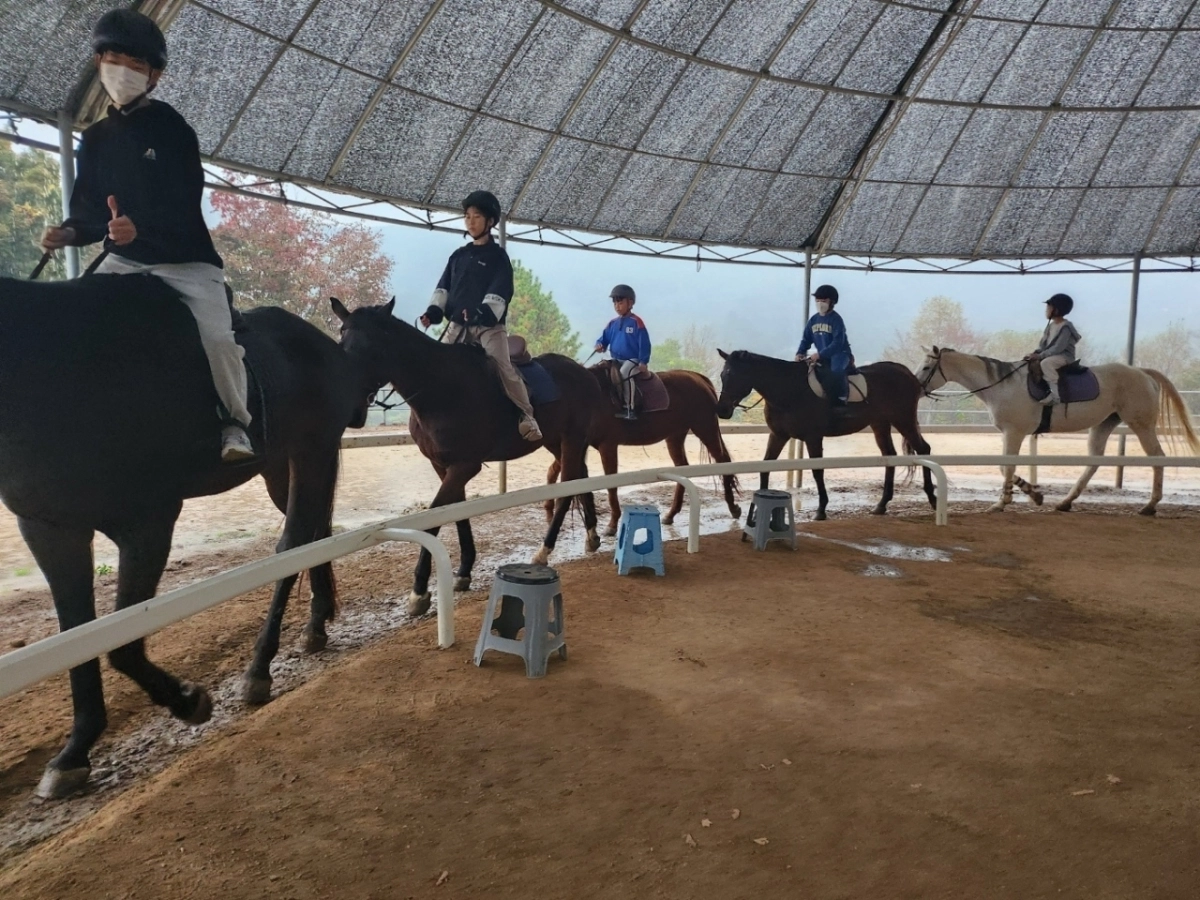 학생들이 승마장에서 말을 타고 있다.