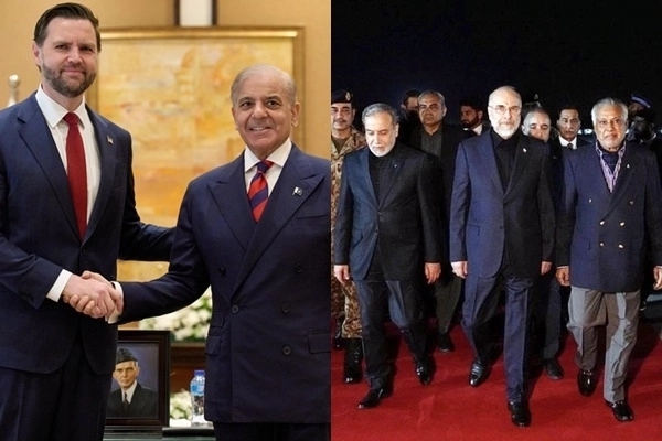 JD 밴스 미국 부통령이 파키스탄에서 이란 관련 협상을 앞두고 셰바즈 샤리프 파키스탄 총리와 만난 모습, 모하마드 바게르 갈리바프 이란 의회 의장을 단장으로 한 고위급 대표단이 미국과의 협상 참석을 위해 파키스탄 이슬라마바드에 도착한 모습. AP뉴시스