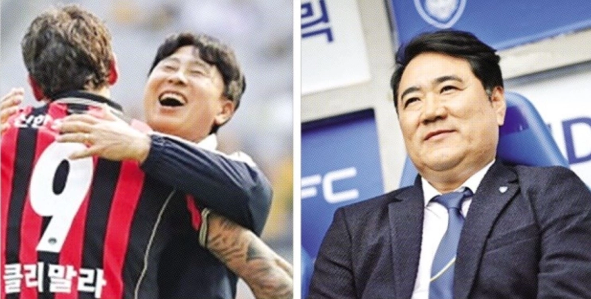 김기동(왼쪽) FC서울 감독이 지난 11일 서울월드컵경기장에서 열린 전북 현대와의 경기에서 극적인 결승골을 넣은 클리말라를 끌어안고 있다. 오른쪽은 이번 시즌부터 울산 HD를 이끌고 있는 김현석 감독. 한국프로축구연맹 제공