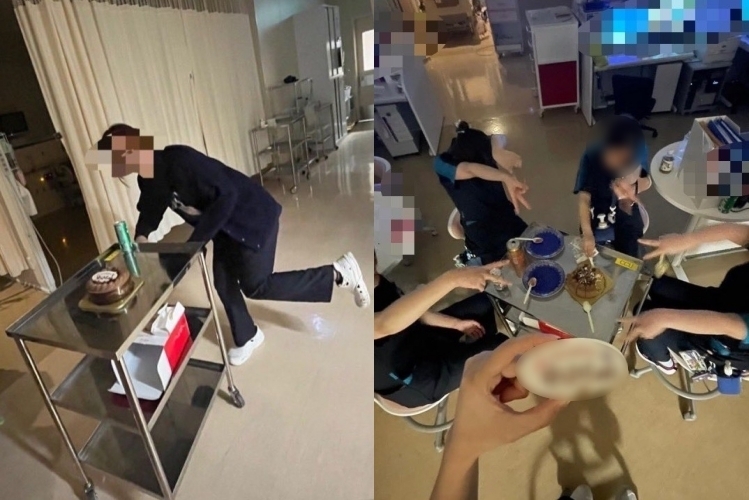 일본 사이타마현 소재 아게오 중앙 종합병원에서 중환자실 간호사들이 생일 파티를 하며 음식을 먹는 모습이 담긴 사진이 소셜미디어(SNS)에서 확산해 논란이 되고 있다. 엑스(X) 캡처