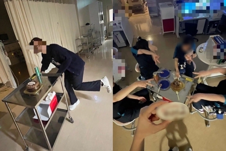 일본 사이타마현 소재 아게오 중앙 종합병원에서 중환자실 간호사들이 생일 파티를 하며 음식을 먹는 모습이 담긴 사진이 소셜미디어(SNS)에서 확산해 논란이 되고 있다. 엑스(X) 캡처