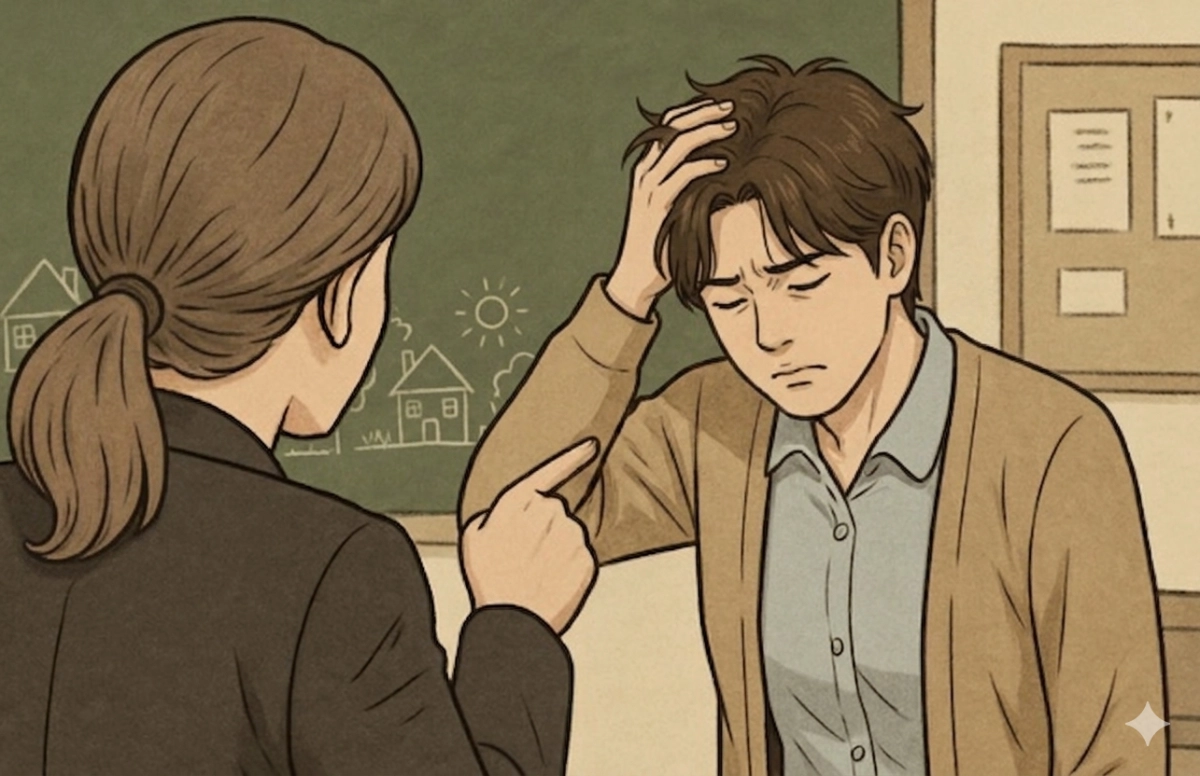 학부모로부터 교권 침해를 당하는 남자 교사를 제미나이가 그린 이미지.