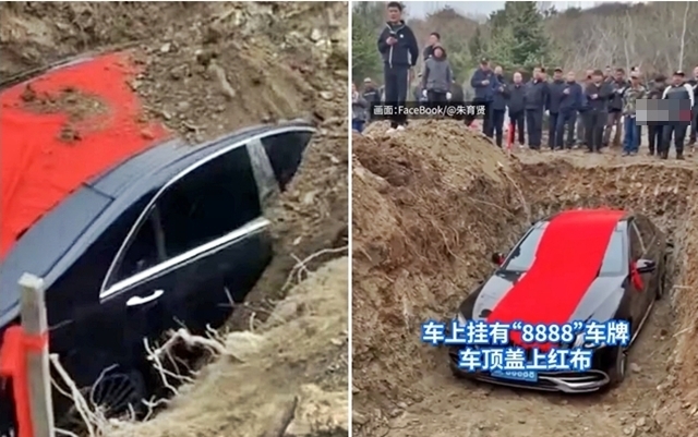 중국 랴오닝성에서 장례식 도중 고급 승용차를 함께 묻는 장면이 촬영된 영상이 온라인에서 급속히 확산되며 논란이 커지고 있다. 당국은 ‘봉건 미신’에 따른 불법 행위로 보고 조사에 착수했다. 현지 매체 신후난(新湖南) 등에 따르면, 지난 9일 랴오닝성 랴오양시 궁창링구 탕허진 와즈거우촌에서 고가의 승용차를 ‘부장품’으로 매장하는 이례적인 장면이 포착됐다. 2026.4.10 웨이보