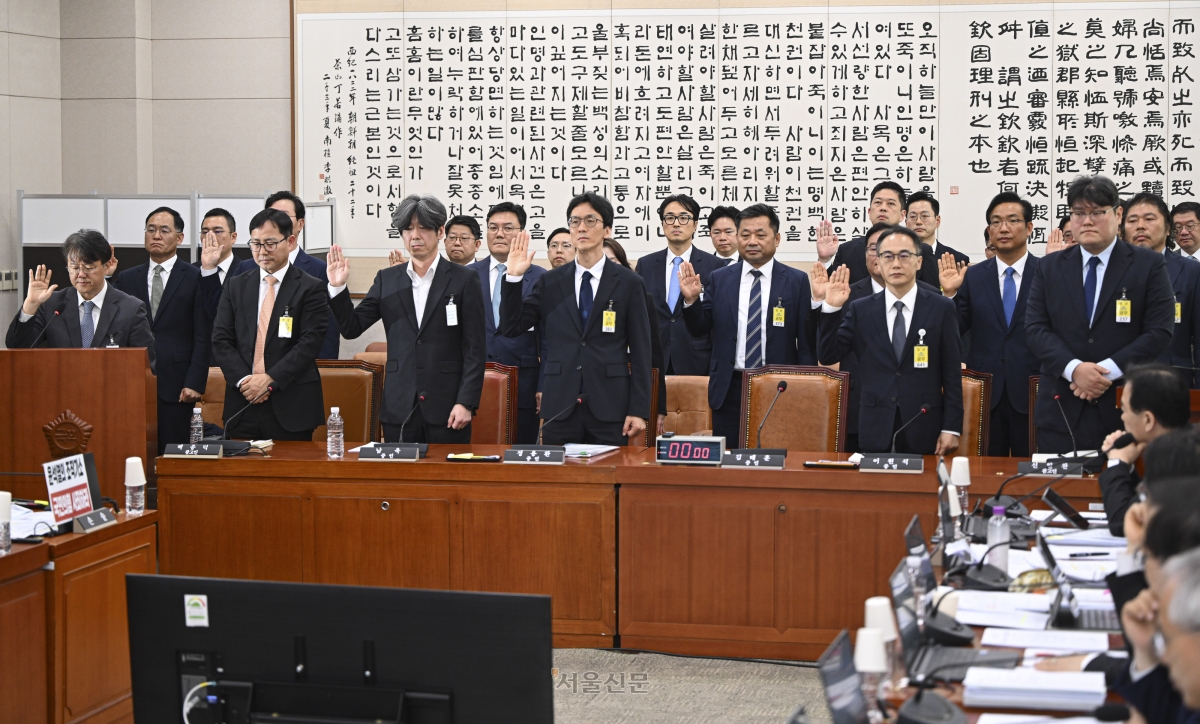 이원석(맨 앞줄 오른쪽 두 번째) 전 검찰총장을 비롯한 증인·참고인들이 16일 국회에서 열린 윤석열 정권 정치검찰 조작기소 의혹 사건 진상규명 국정조사특별위원회의 ‘대장동·김용 전 민주연구원 부원장·위례신도시 조작기소 의혹 사건’ 청문회에서 선서하고 있다. 이지훈 기자