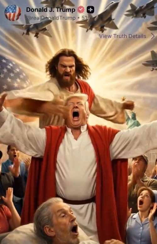 이란대사관이 게시한 예수가 트럼프의 뺨을 때리고 불구덩이로 떨어뜨리는 AI 생성 동영상. X 캡처