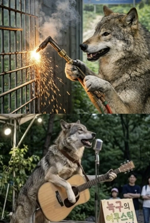 대전 오월드를 탈출했다 생포된 늑대 ‘늑구’가 용접기로 철조망을 절단해 탈출한 뒤 길거리 버스킹 등 자유를 만끽하는 모습을 인공지능(AI)으로 생성한 이미지. 자료 : 온라인 커뮤니티