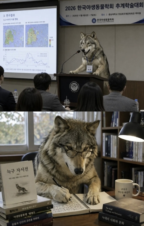 대전 오월드를 탈출했다 생포된 늑대 ‘늑구’가 늑대의 생태를 연구한 논문을 학술대회에서 발표하고 자신의 자서전을 집필하는 모습을 인공지능(AI)으로 생성한 이미지. 자료 : 온라인 커뮤니티