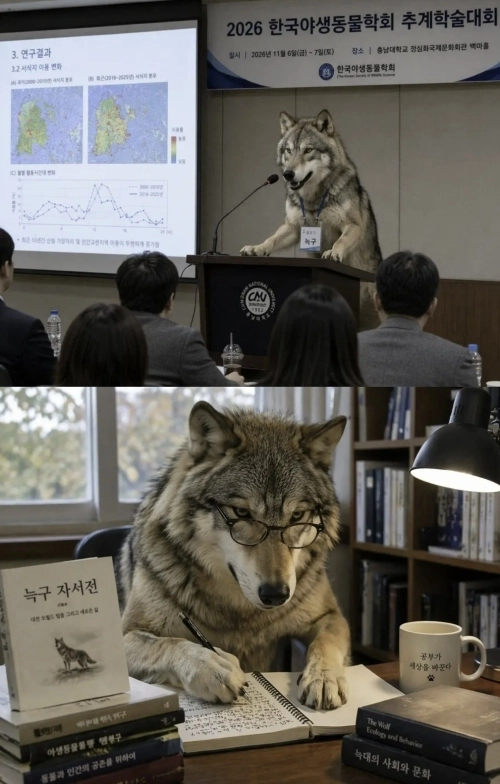 대전 오월드를 탈출했다 생포된 늑대 ‘늑구’가 늑대의 생태를 연구한 논문을 학술대회에서 발표하고 자신의 자서전을 집필하는 모습을 인공지능(AI)으로 생성한 이미지. 자료 : 온라인 커뮤니티
