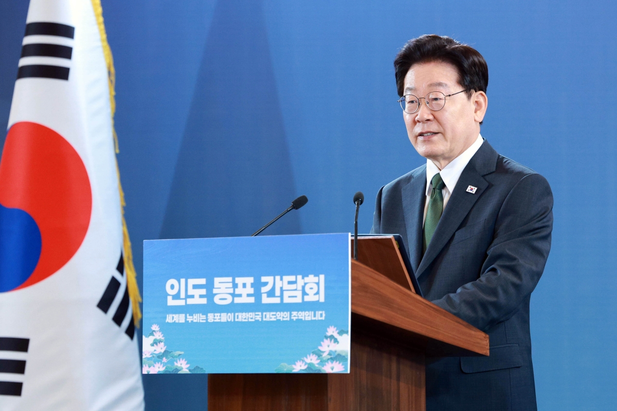 인도 동포만찬간담회, 인사말하는 이재명 대통령