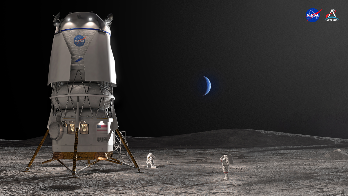 블루오리진의 유인 달 착륙선 ‘블루문 MK-2’가 달에 착륙한 가상도. NASA/블루오리진 제공