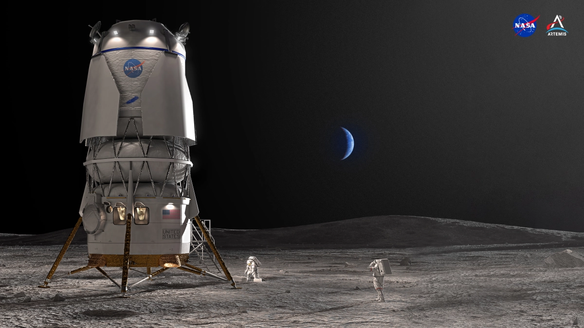 블루오리진의 유인 달 착륙선 ‘블루문 MK-2’가 달에 착륙한 가상도. NASA/블루오리진 제공