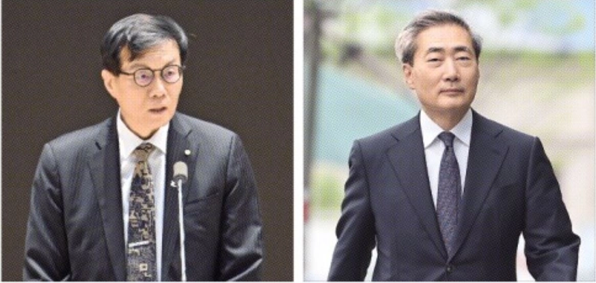 이창용 한국은행 총재가 20일 서울 중구 한국은행 별관에서 열린 이임식에서 이임사를 하고 있다(왼쪽 사진). 오른쪽 사진은 신현송 한은 총재 후보자가 같은 날 서울 중구 한화금융플라자에 마련된 인사청문회 준비 사무실로 출근하고 있는 모습. 연합뉴스