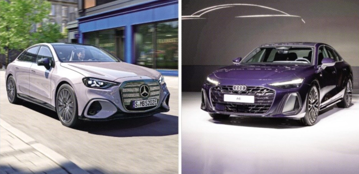 메르세데스벤츠가 20일 중형 세단 C클래스의 첫 전기차 모델 ‘디 올 뉴 일렉트릭 C클래스’(왼쪽 사진)를 세계 처음으로 한국에서 공개했다. 오른쪽 사진은 아우디가 같은 날 국내에서 출시한다고 밝힌 ‘더 뉴 아우디 A6’. 메르세데스벤츠 코리아·아우디 코리아 제공