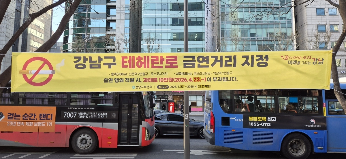 서울 강남구가 테헤란로에 설치한 금연거리 지정 현수막의 모습. 강남구 제공