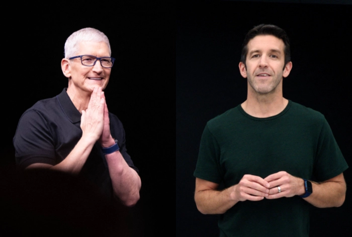 팀 쿡(왼쪽) 애플 최고경영자(CEO)·존 터너스(오른쪽) 신임 애플 CEO. AFP 연합뉴스