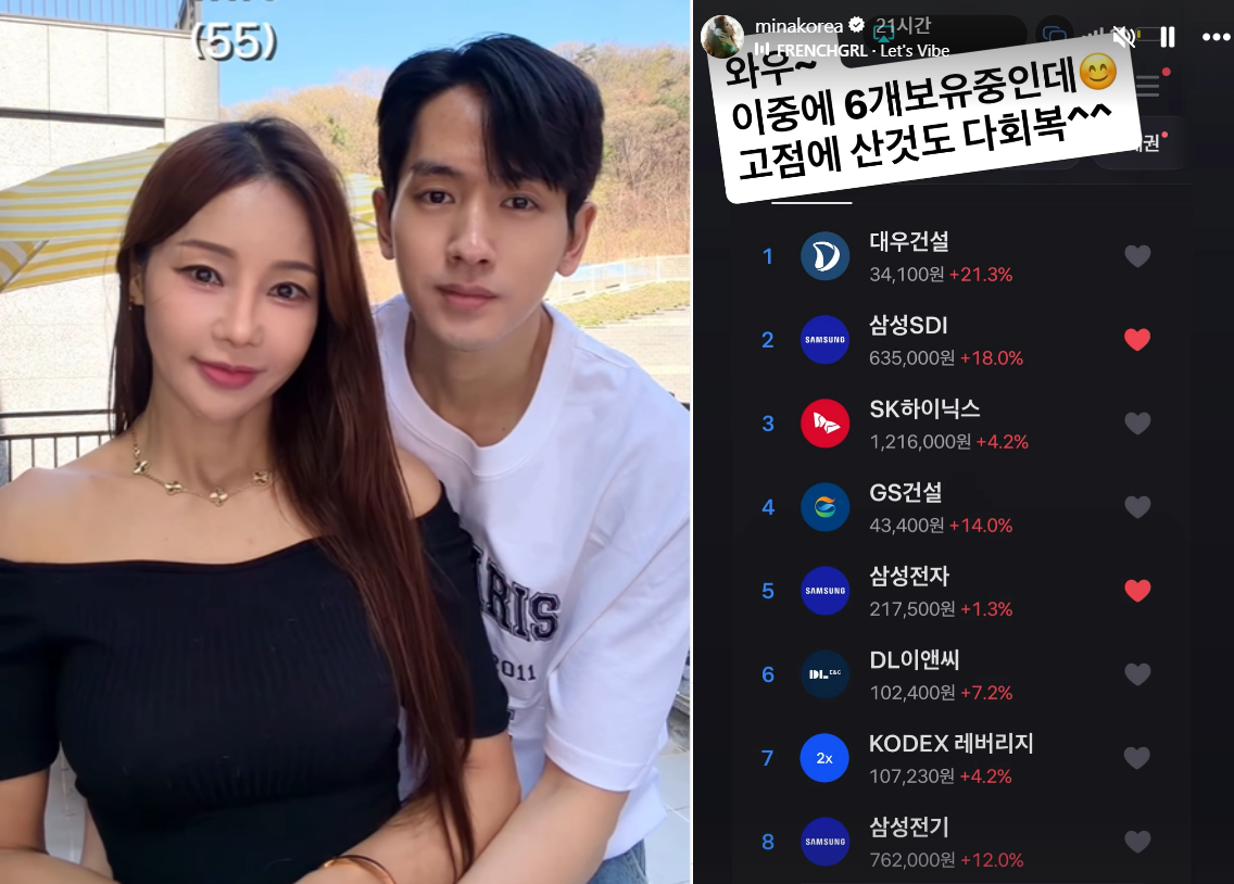 미나·류필립 부부(왼쪽)와 21일 미나가 올린 보유 주식 등 이미지. 미나 인스타그램 캡처
