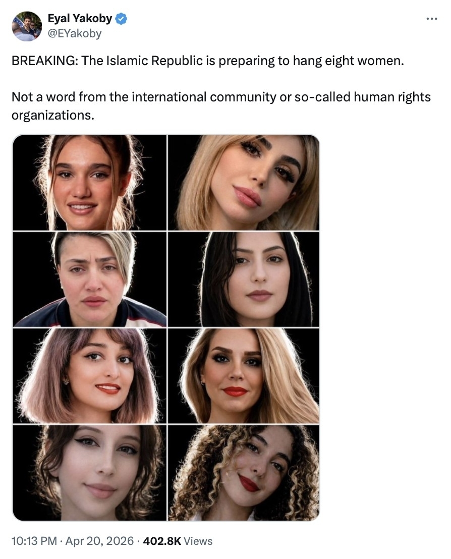 도널드 트럼프 미국 대통령은 22일 “이란에서 오늘 밤 처형될 예정이던 여성 시위자 8명이 더 이상 죽임을 당하지 않을 것이라는 통보를 방금 받았다”며 “아주 좋은 소식”이라고  했다. 사진은 트럼프 대통령이 공유한 ‘처형 예정 이란 여성 시위대’ 인물 모습. 트루스 소셜 캡처