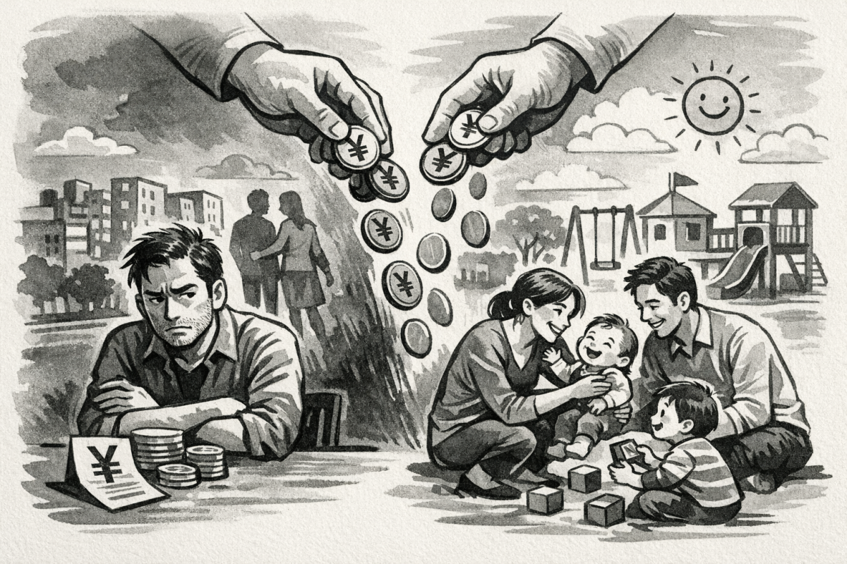 4월부터 일본에서 시작되는 ‘아동·육아 지원금’ 제도를 둘러싼 논란이 뜨겁다. 일부에서는 이를 두고 “사실상 독신세 아니냐”는 불만이 확산되고 있다. 챗 GPT 생성이미지